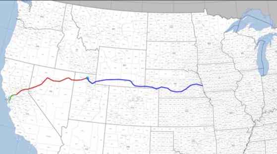 Route of the first Transcontinental Railroad. Image from Wikipedia